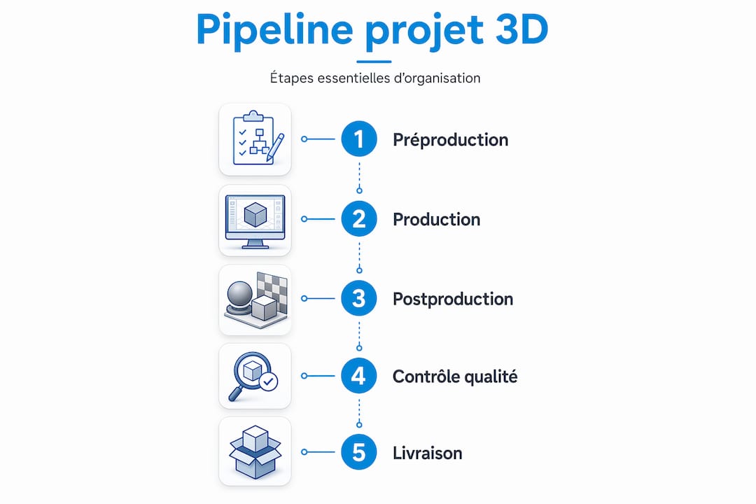 Diagram of the different stages of the production pipeline for a 3D project