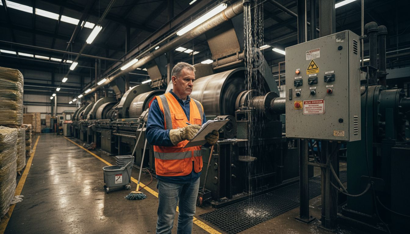 Technician checks water use in paper bag plant