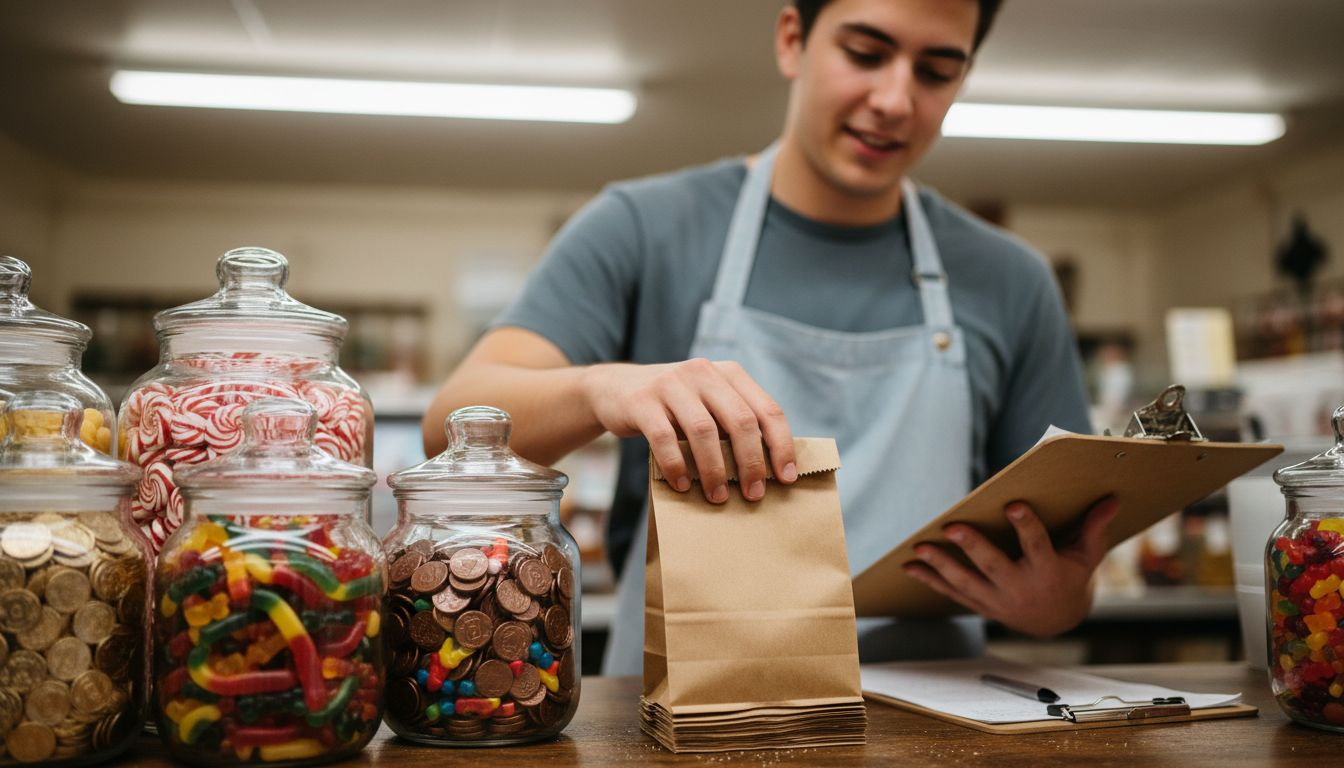 Employee handling serrated top paper bags