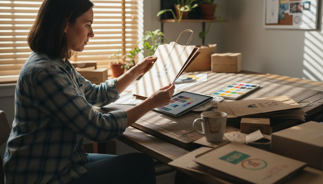 Designer reviewing paper bag prototypes at desk
