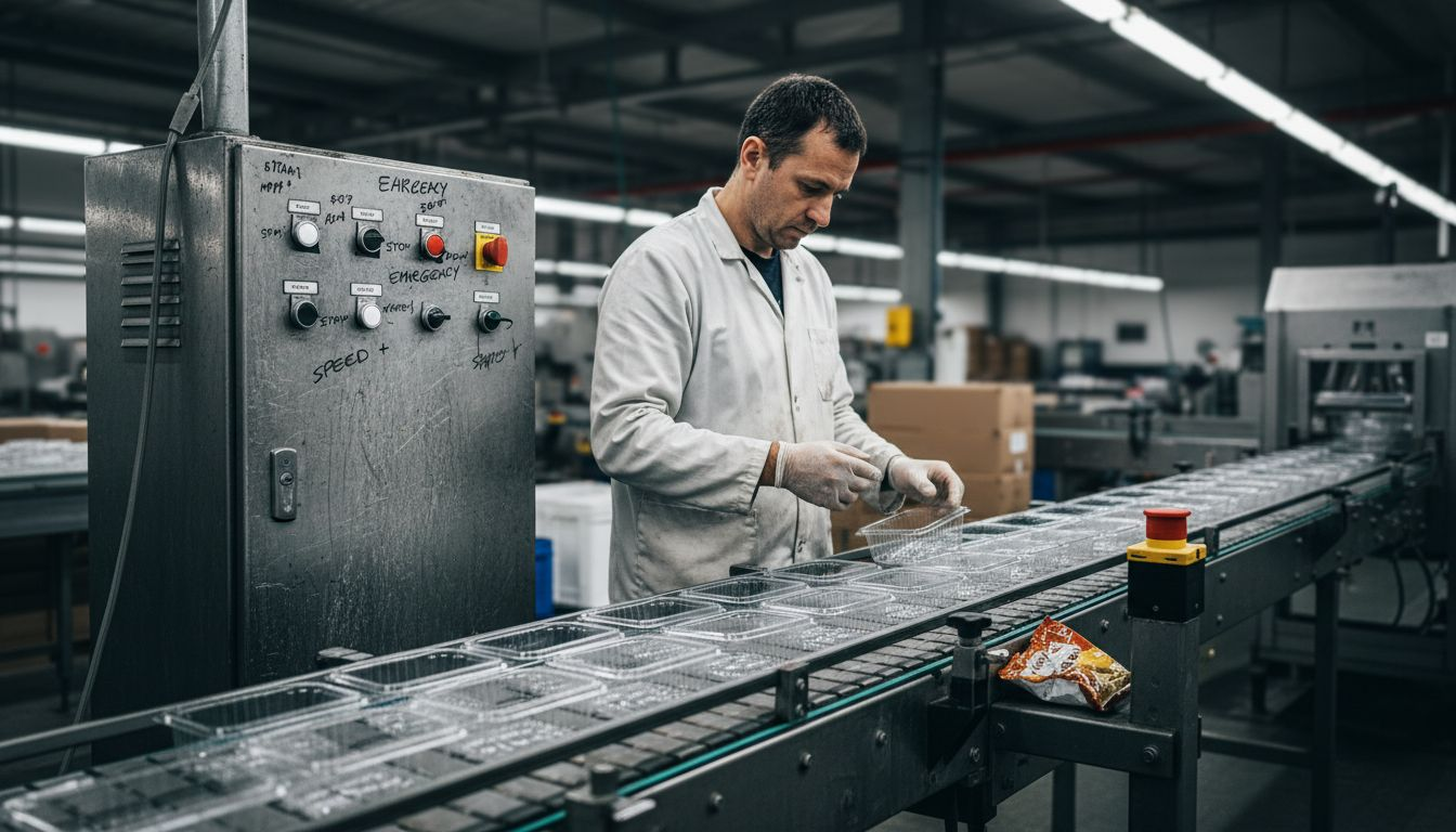 Technician inspecting plastic containers on conveyor