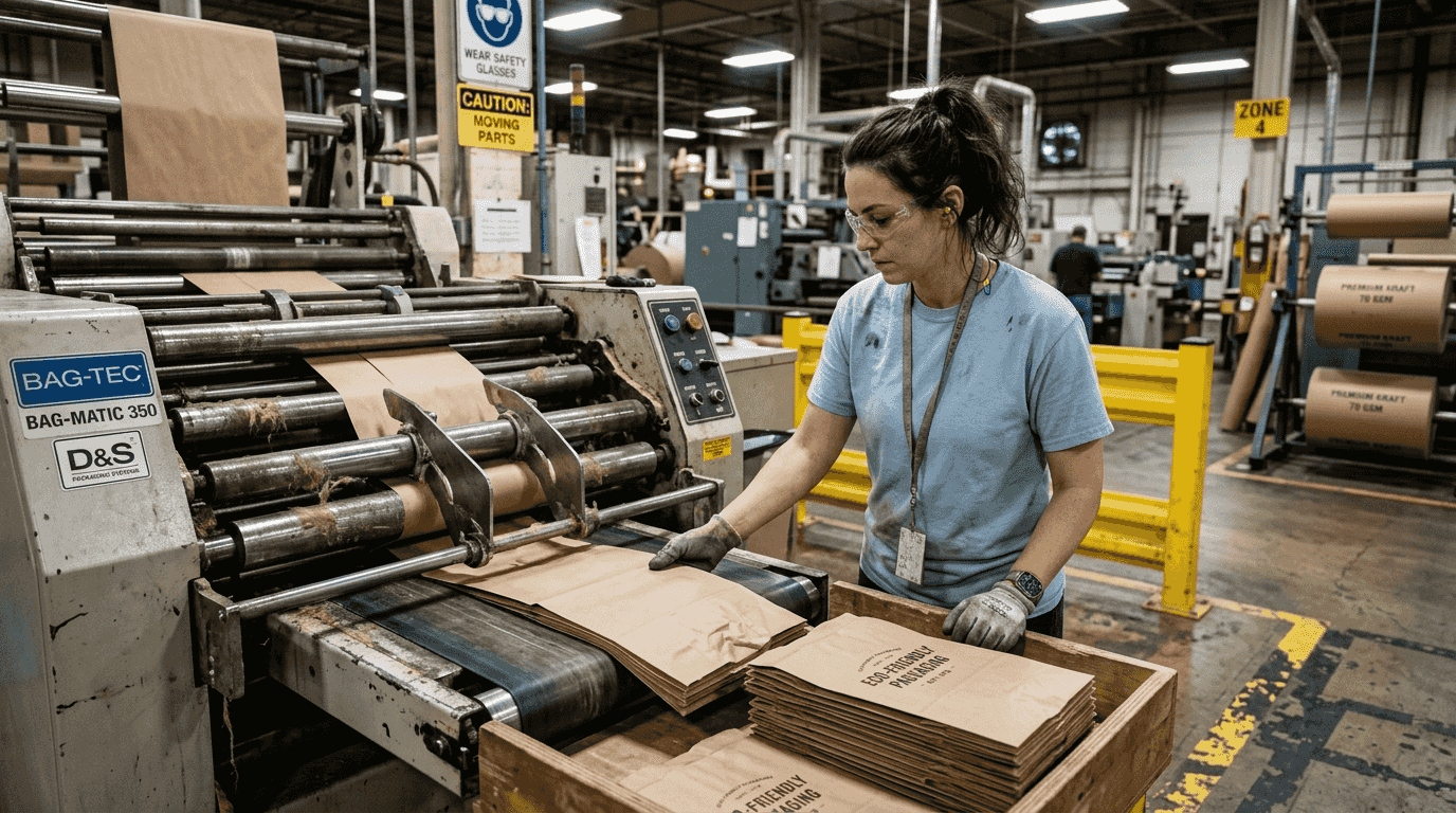 Worker inspects paper bag manufacturing process