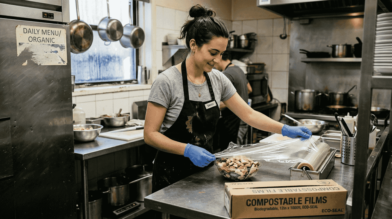Biodegradable film sealing food container demonstration