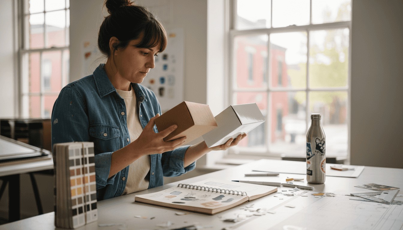 Designer comparing packaging samples in studio