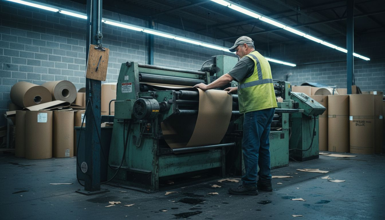 Worker operating kraft paper bag manufacturing machine