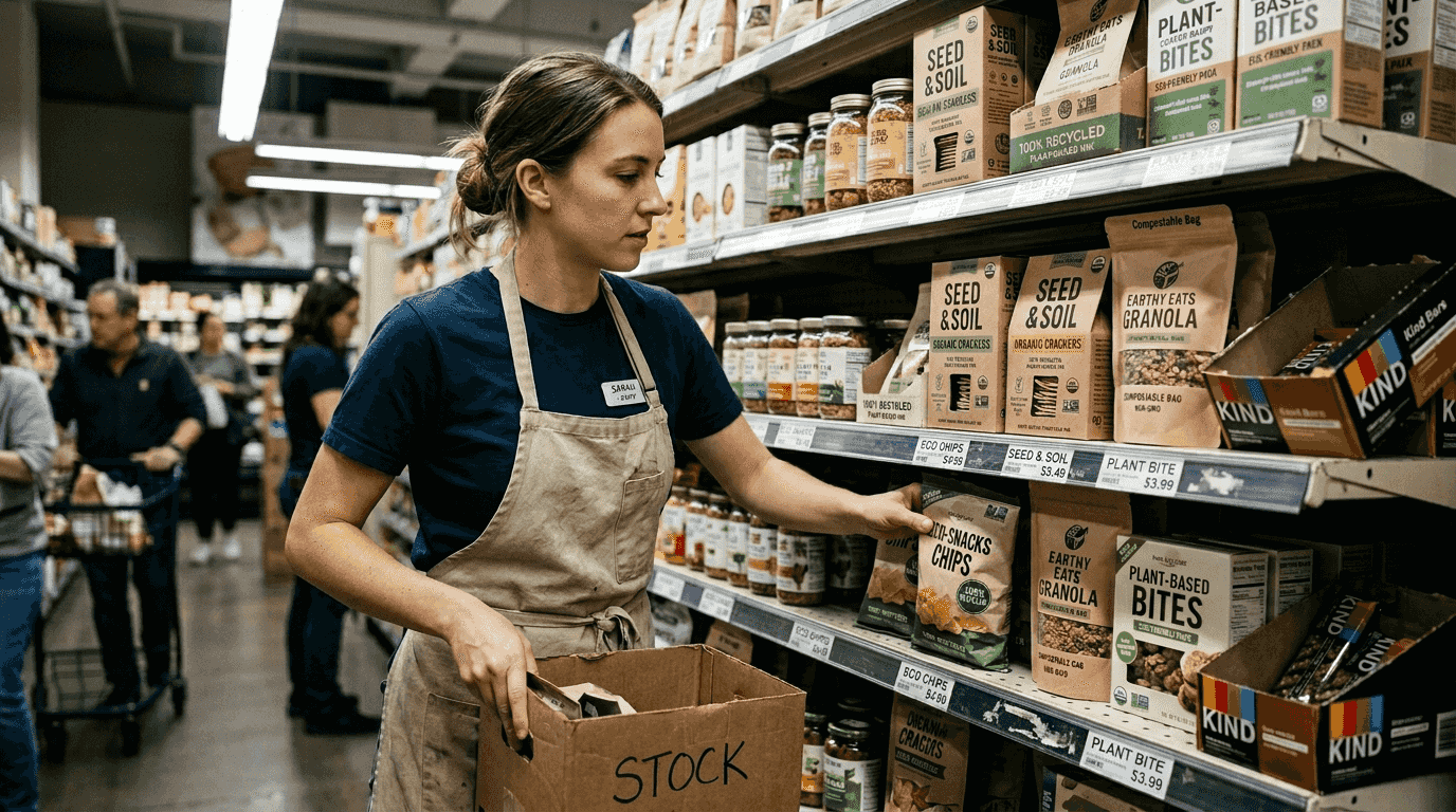 Shelf with innovative sustainable product packaging
