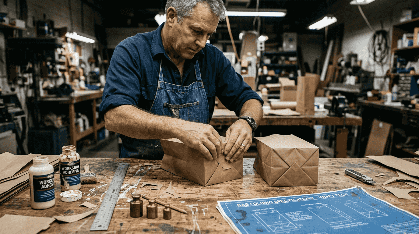 Technician folding paper bag bottoms at bench