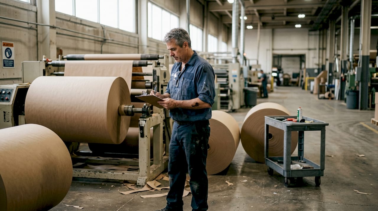 Technician inspecting kraft paper rolls in factory