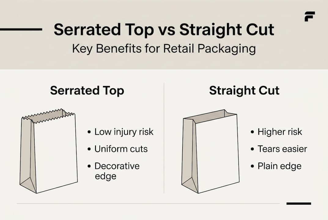 Infographic comparing serrated and straight bag tops