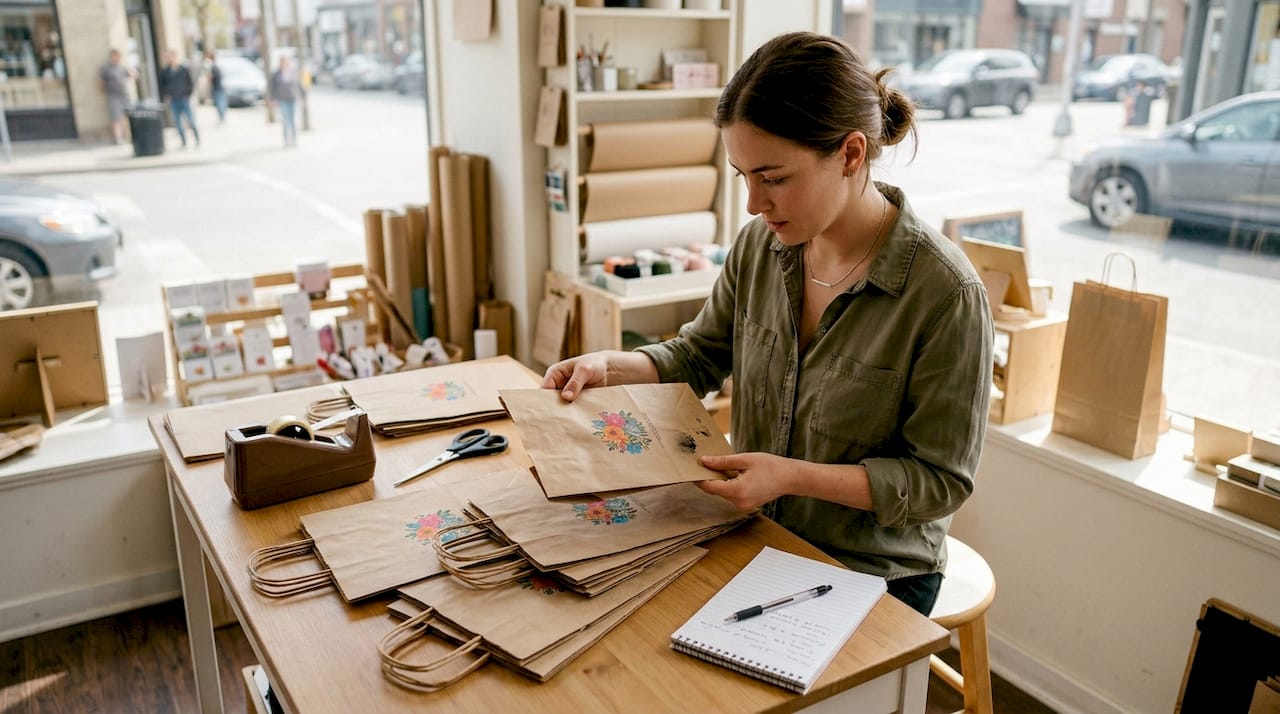 Shop owner inspecting digital printed bags