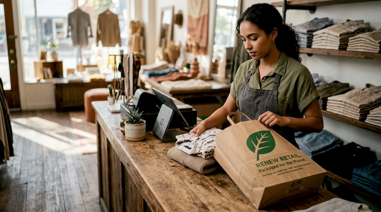 Retail worker using custom sustainable paper bag