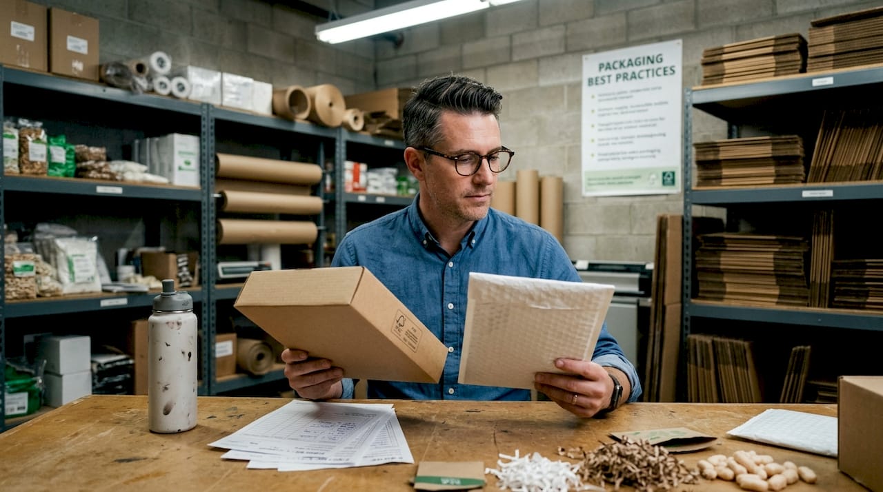Manager inspecting eco packaging materials