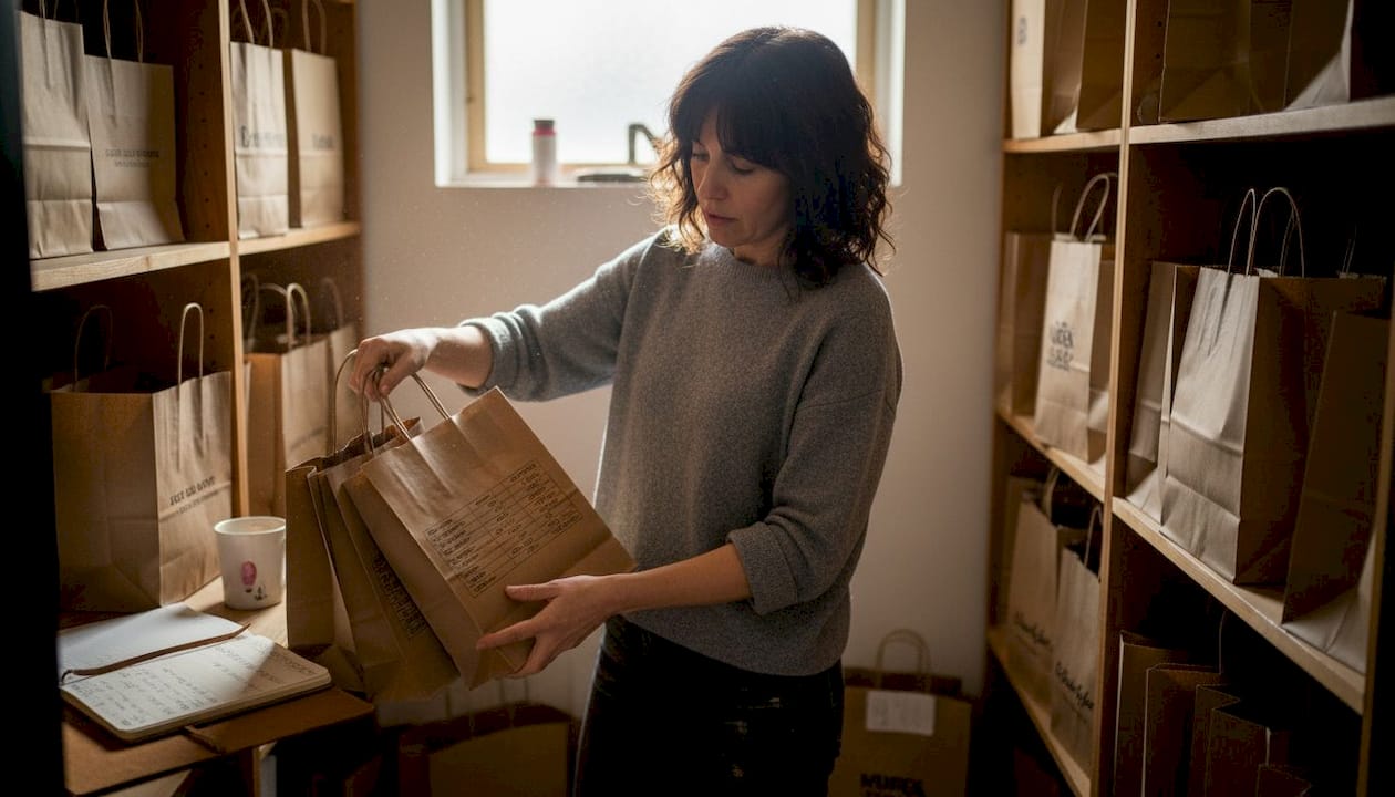 Retail manager inspecting paper bag options