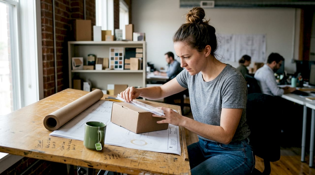 Engineer measuring custom cardboard packaging at desk