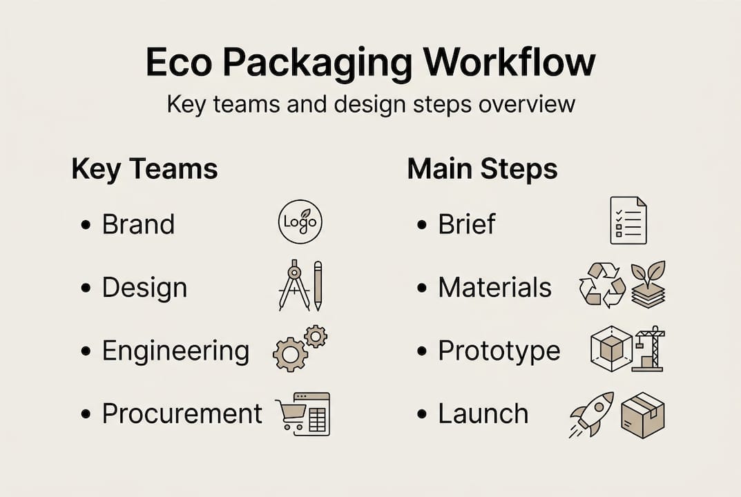 Infographic of eco-friendly packaging workflow key steps and teams