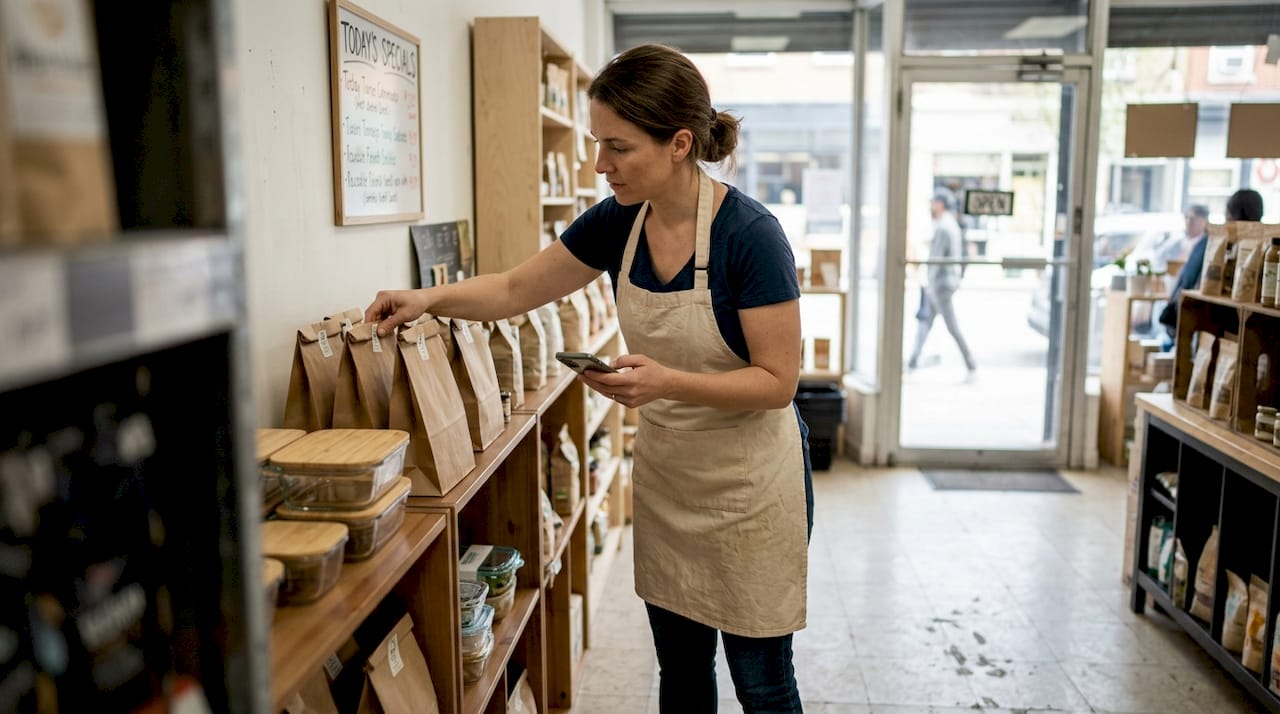 Retail worker restocking sustainable packaging supplies