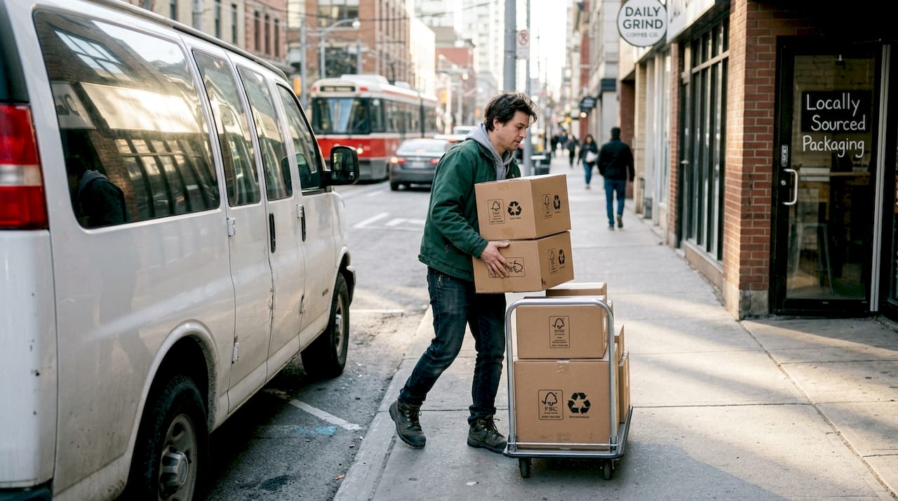 Driver unloading sustainable packaging boxes