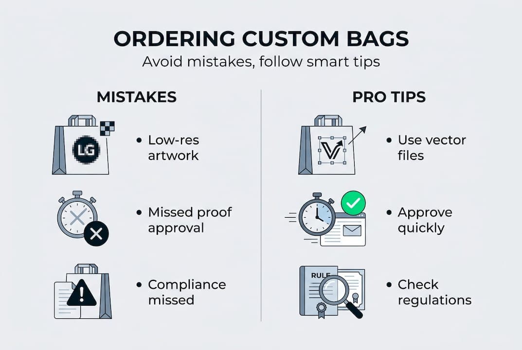 Infographic of top mistakes and tips for custom bag orders