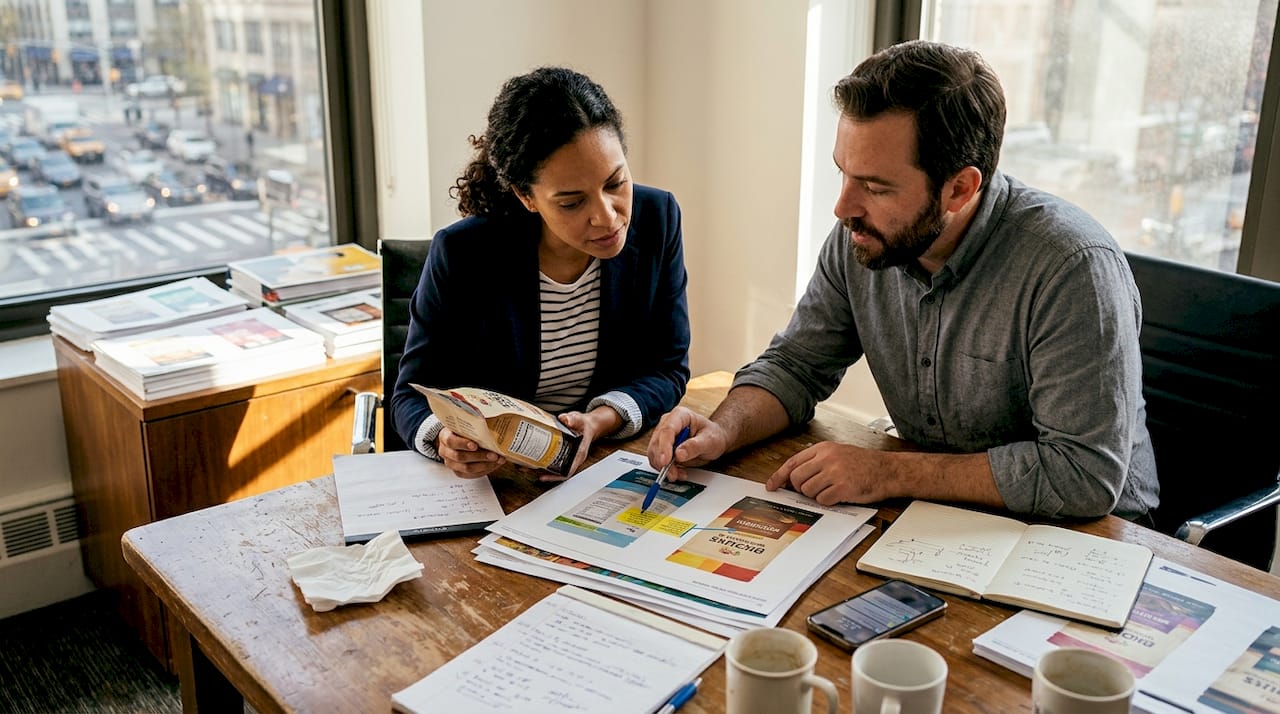 Team reviewing custom bag design proof