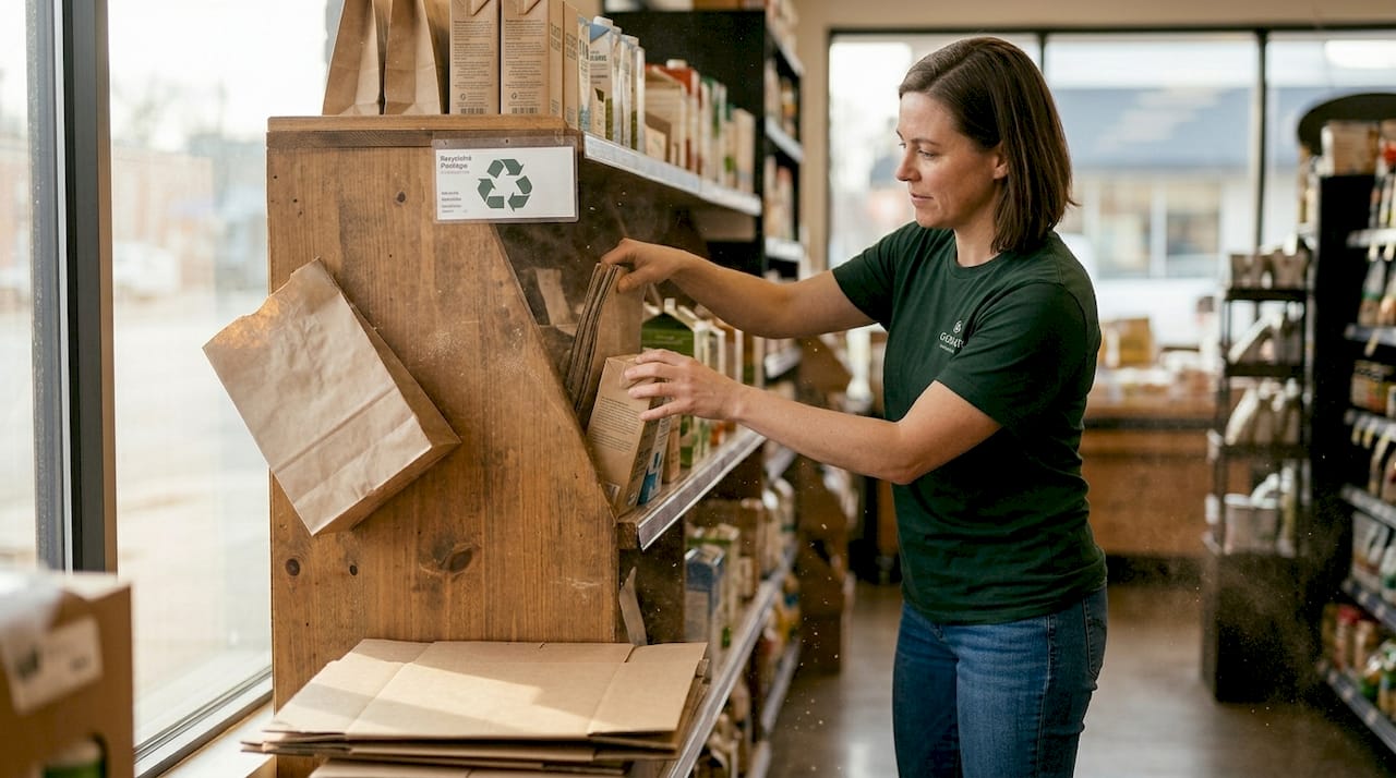 Retail worker arranging eco-friendly packaging on shelf