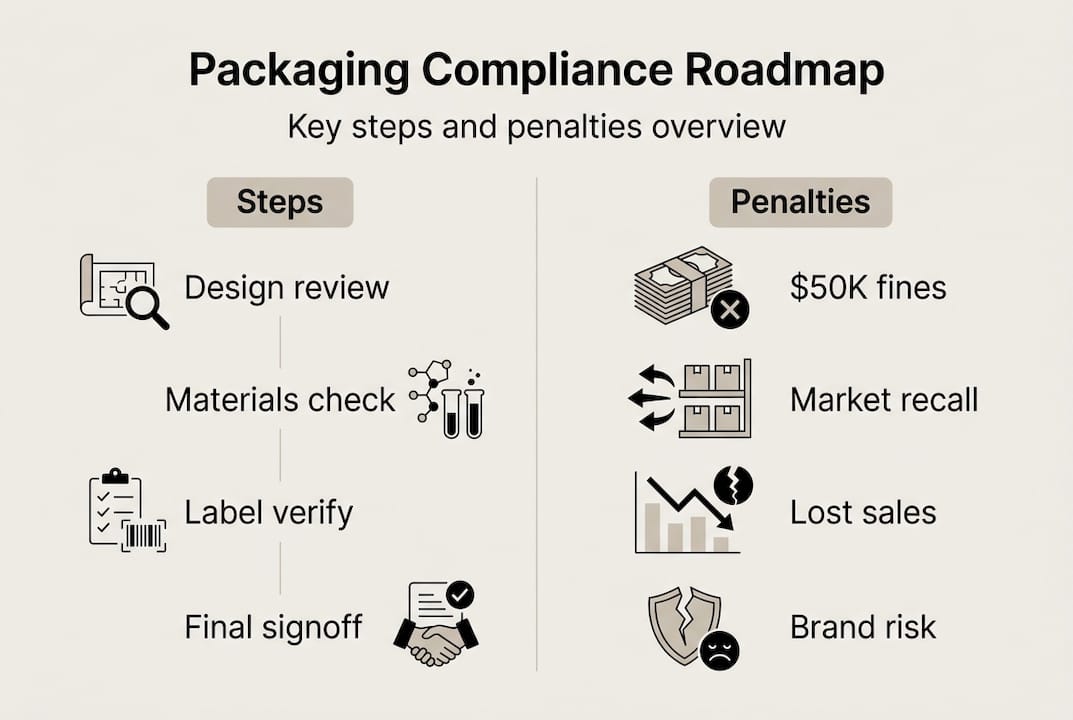 Infographic of packaging compliance steps and penalties