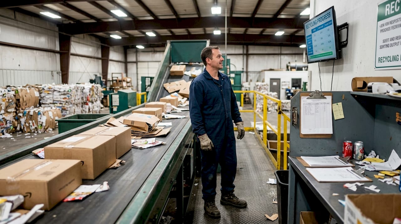 Worker sorting paper packaging for recycling