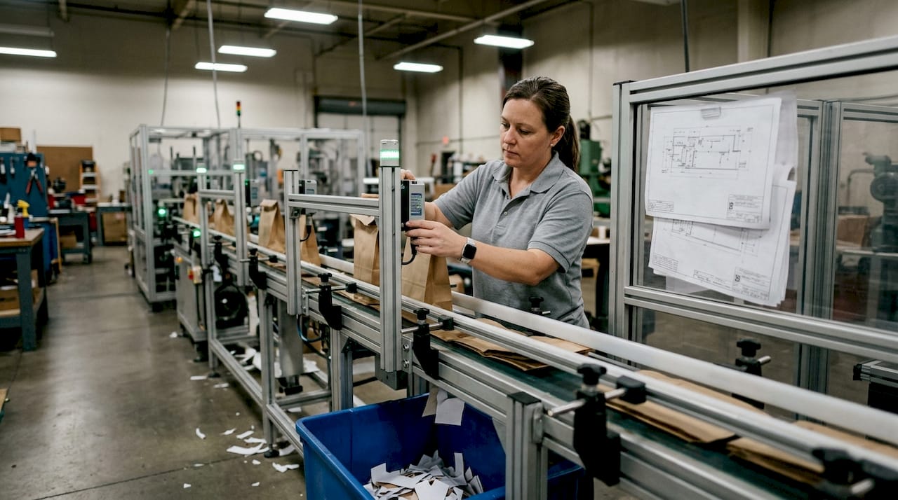 Operator adjusting sensor on bag machine