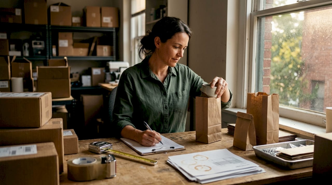 Employee selecting correct bag size for products