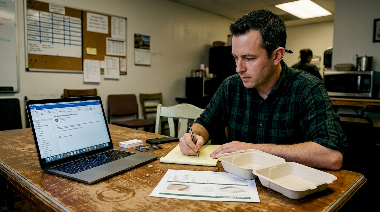 Operator reviewing eco-friendly packaging sample