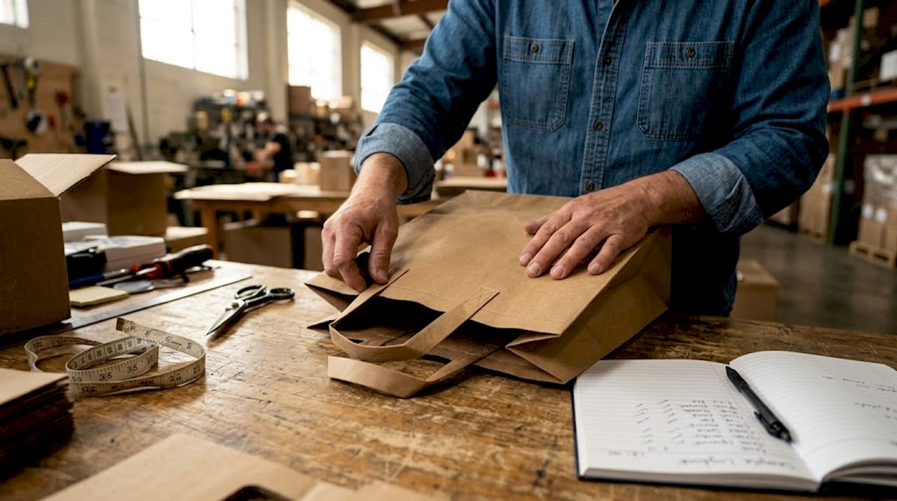 Hands inspecting strong paper bag seams