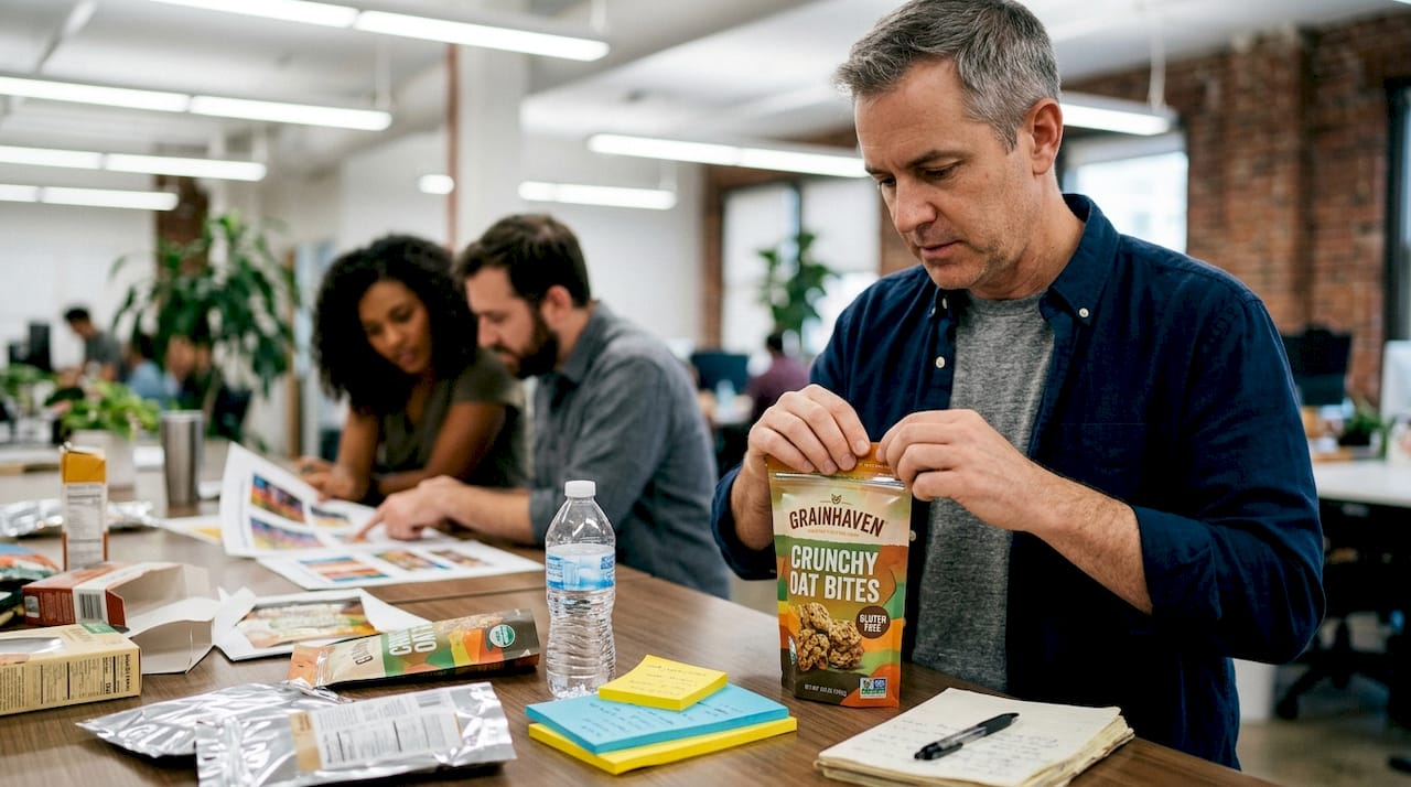 Product manager inspecting physical packaging prototype