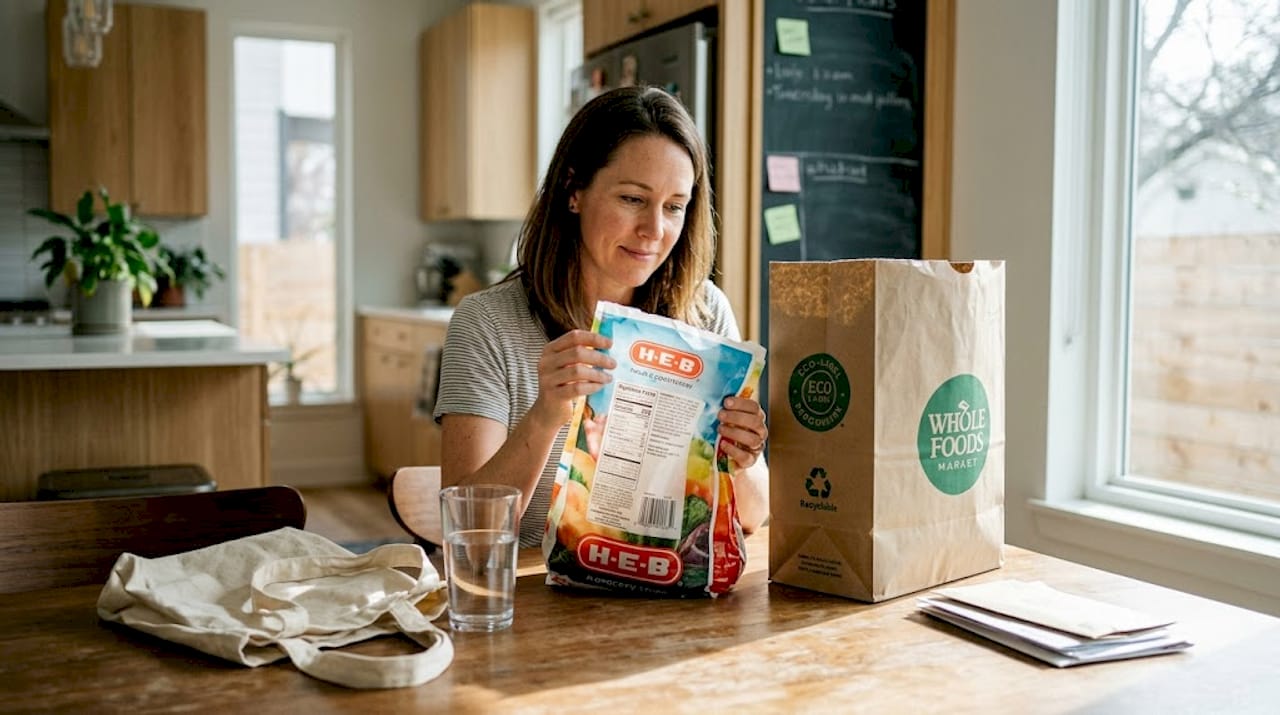 Person comparing eco and plastic shopping bags