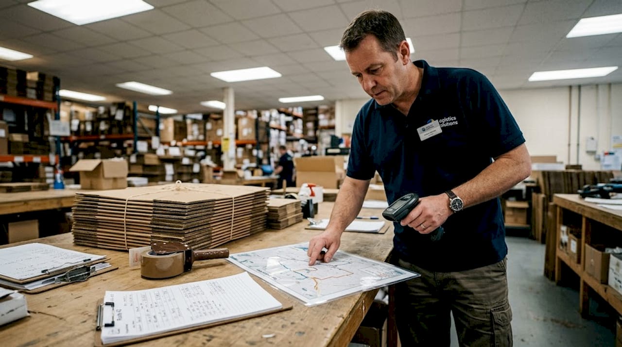 Logistics coordinator reviewing packaging shipment map