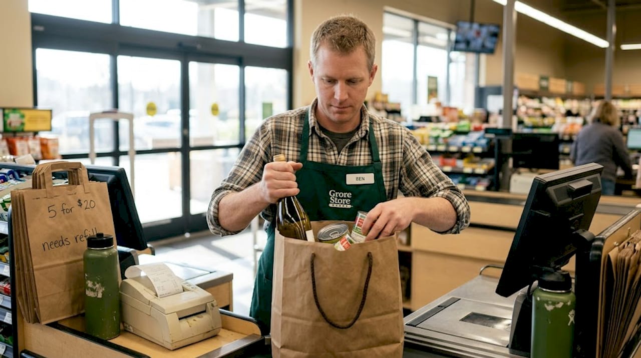 Clerk packing heavy items in strong shopping bag