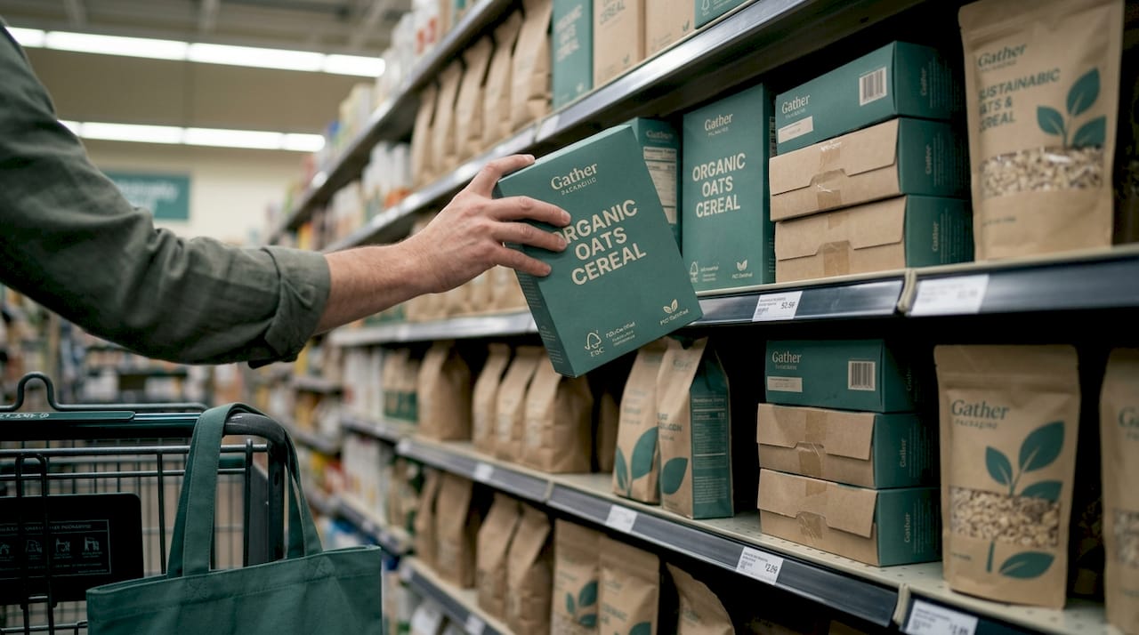 Eco-friendly paper-packaged products on store shelf