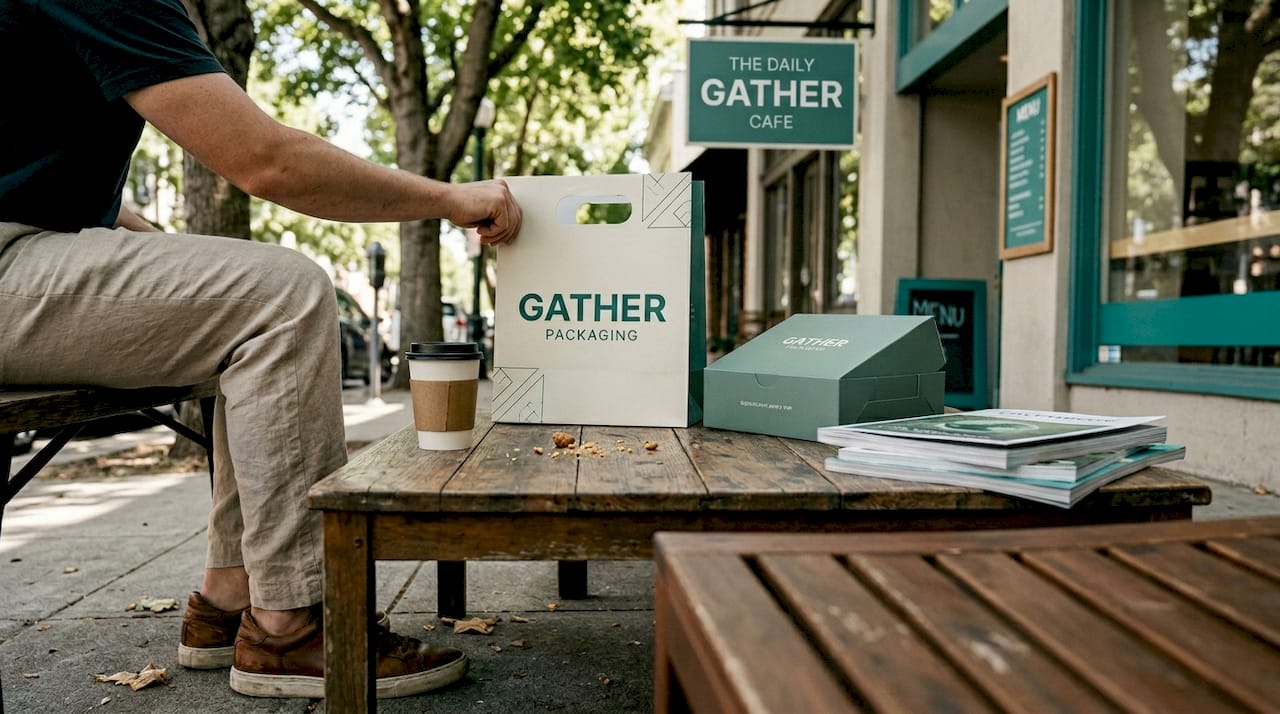 Customer places branded die-cut bag on café table