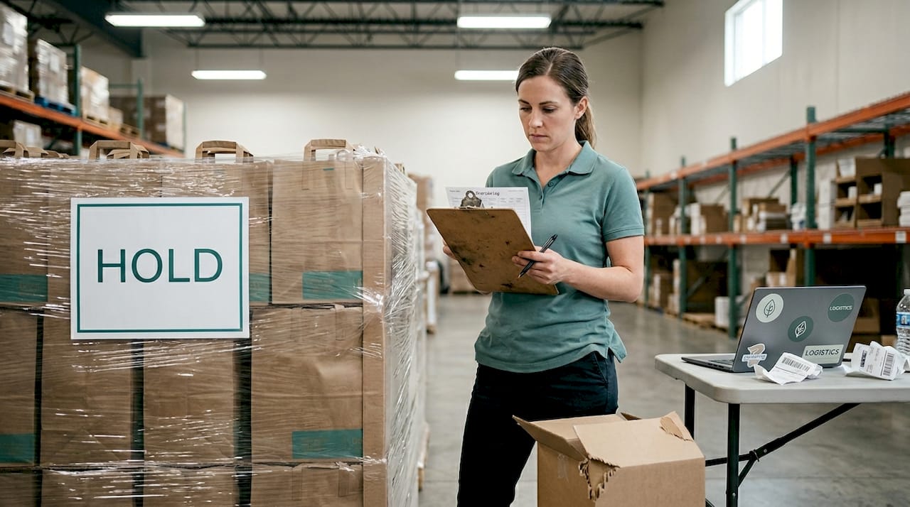Coordinator logs failed shipment in warehouse aisle