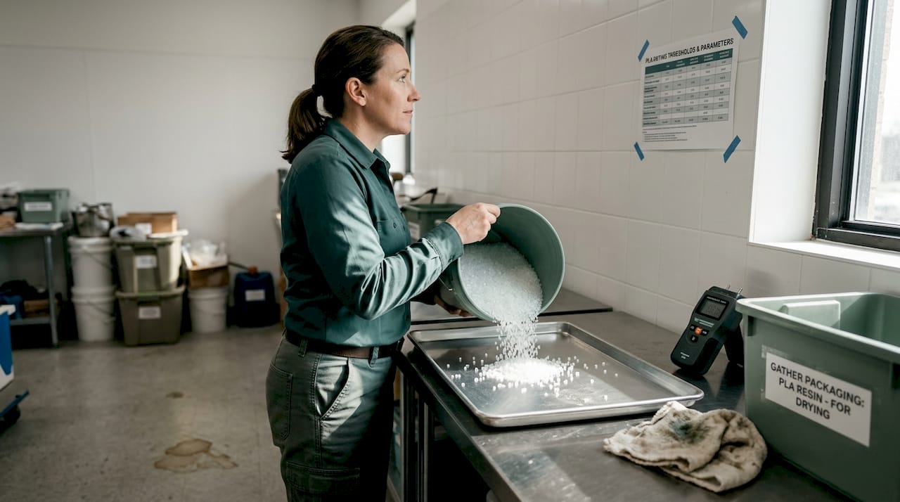 Operator drying PLA pellets in equipment room