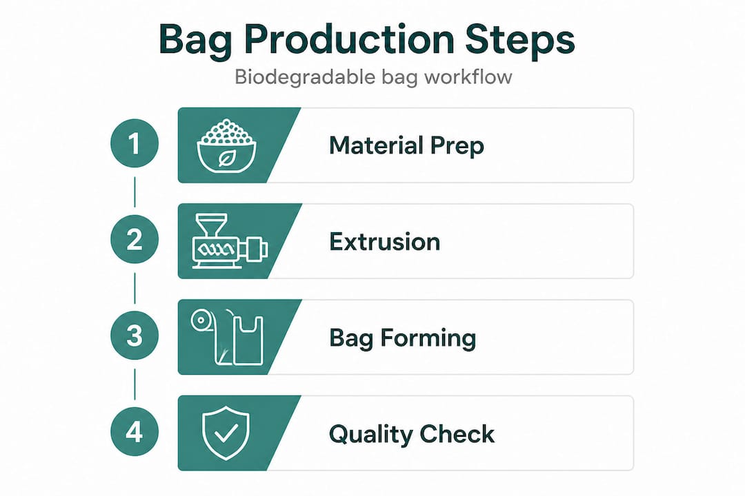 Infographic showing steps for biodegradable bag production