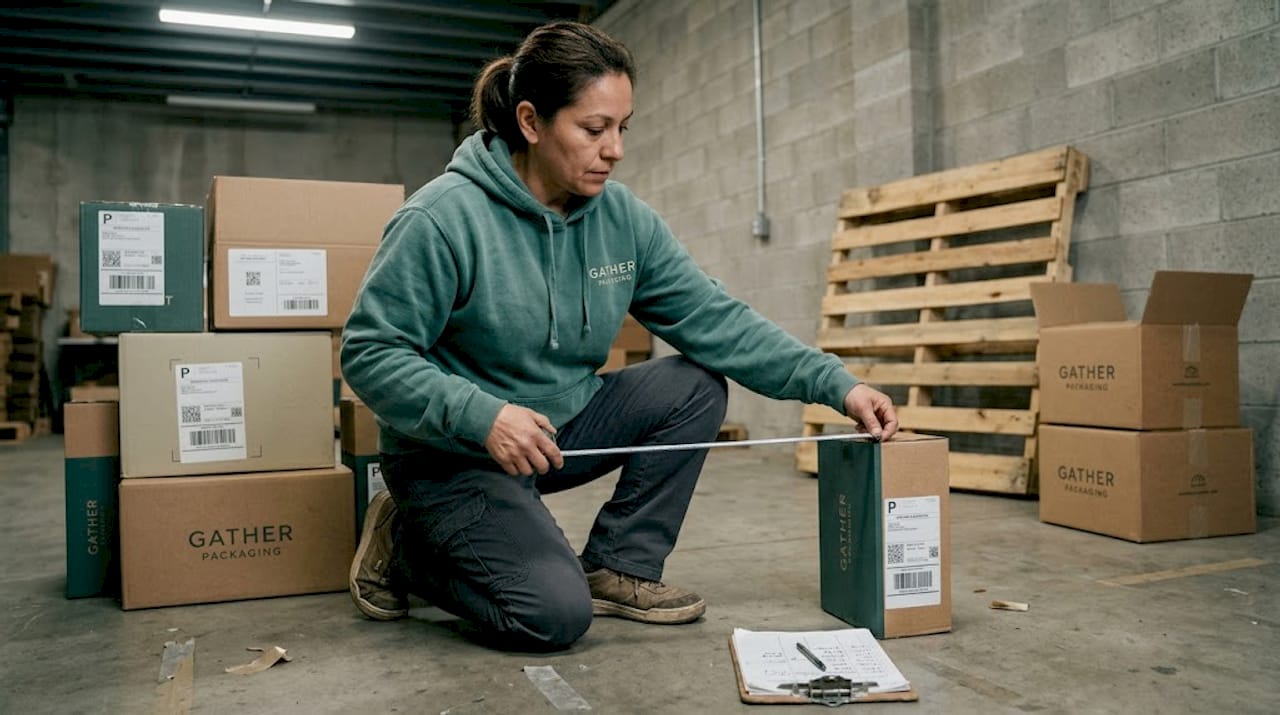 Worker measures boxes for pallet optimization