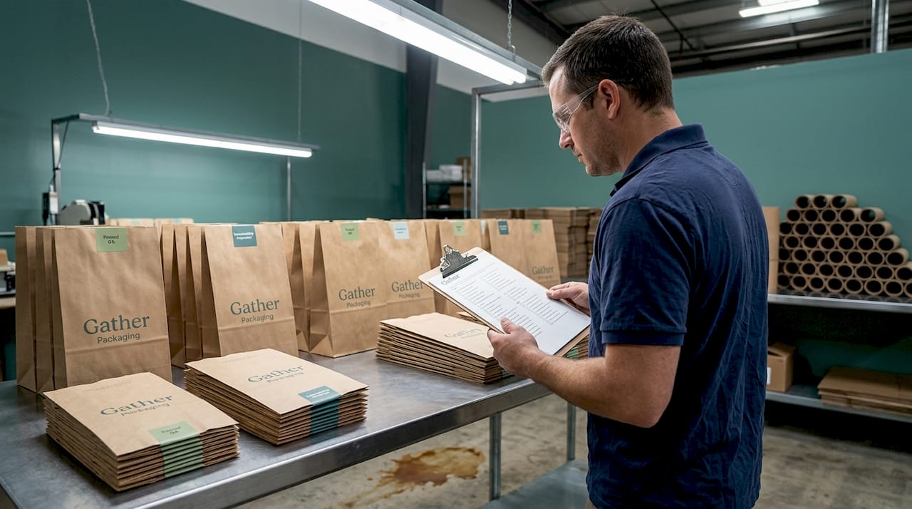 Manager inspecting paper bag seals for quality