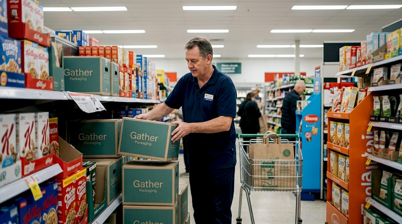 Store employee restocks eco-friendly packaging shelf