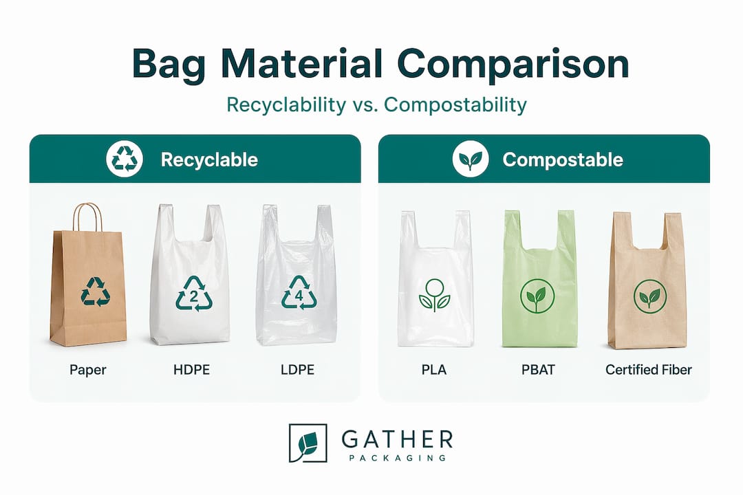 Infographic comparing recyclable and compostable bags