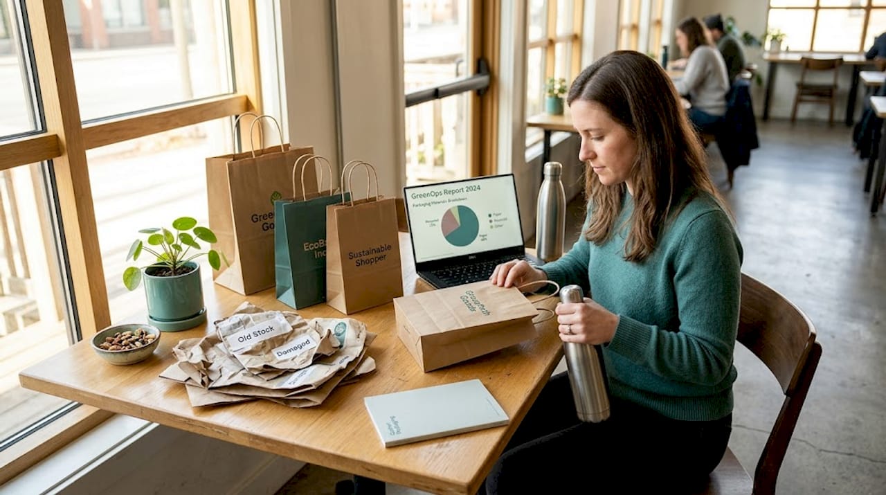 Coordinator evaluating sustainable paper bags samples