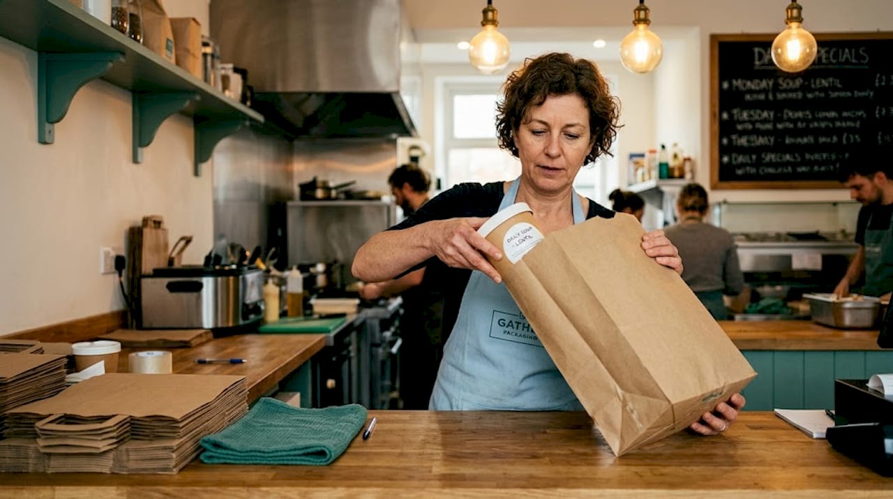 Restaurant worker packing soup into gusseted bag
