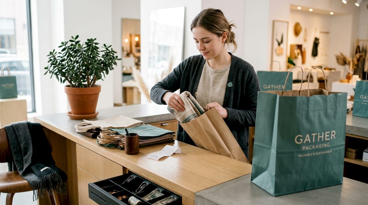 Retail associate fitting item into shopping bag at checkout