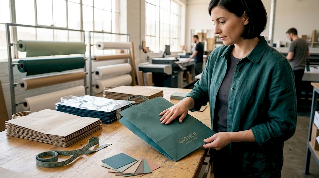 Hand testing soft-touch lamination on paper bag