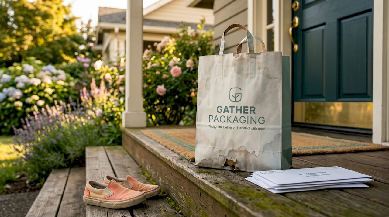 Damaged shopping bag on doorstep with torn handle