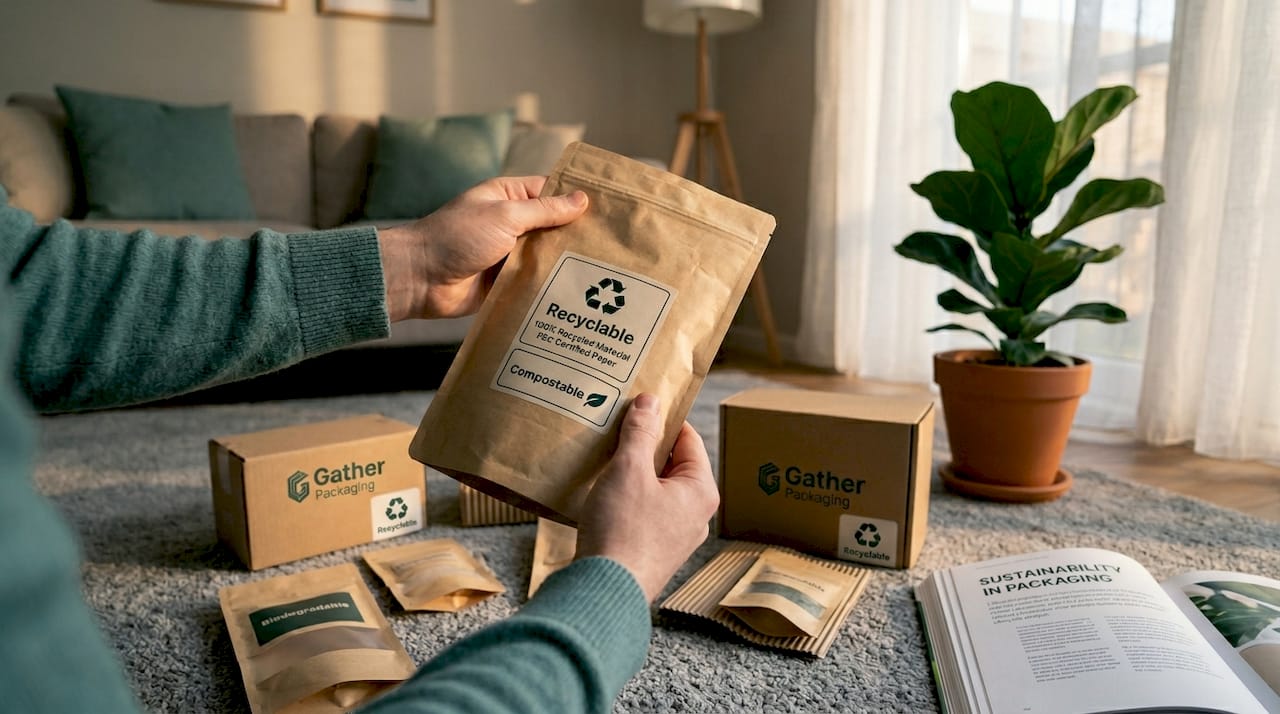 Hands examining recycling labels on packaging