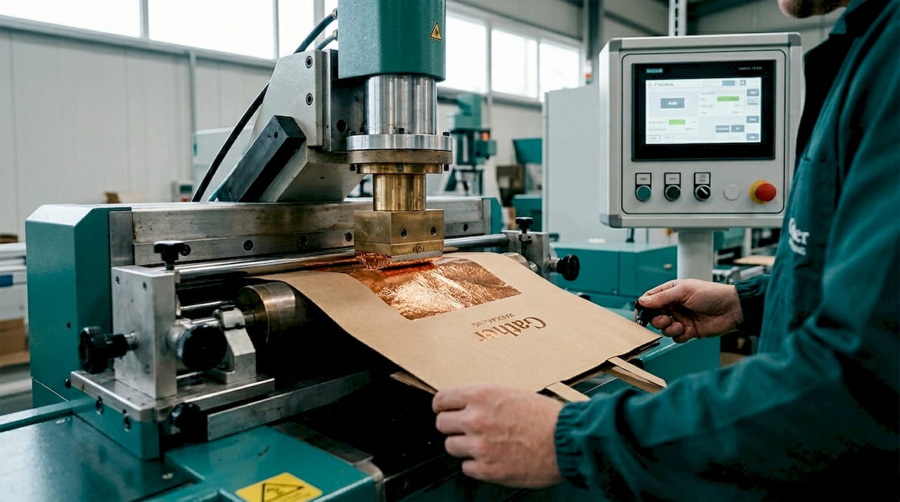 Hot foil stamping on paper bag packaging